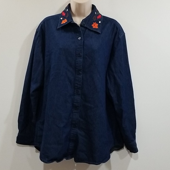 Style studio blue denim embroidered collar shirt - Picture 6 of 13